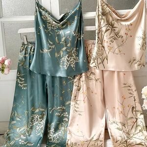 Floral Satin Pajama Set - Green and Cream